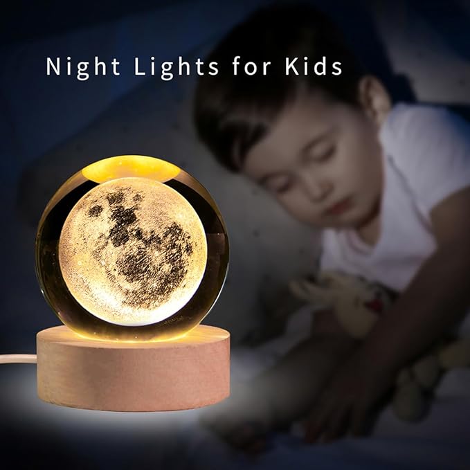 3D Laser Engraved Moon Crystal Ball Lamp, 2.4" Glass Sphere Decorative Balls, Moon Planet Space Globe Night Light Gifts for Women