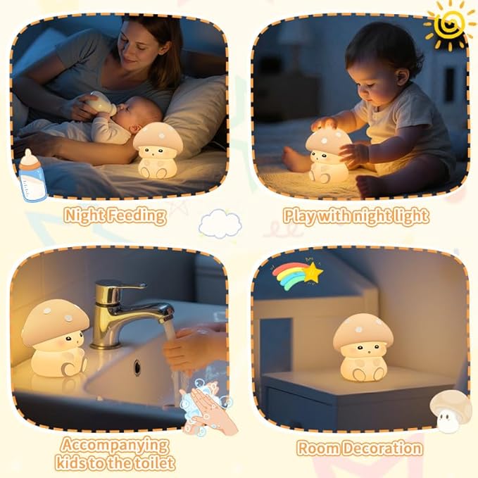 Mushroom Night Light Lamp, Soft Squishy Silicone Nursery Light with 2 Brightness Level, Touch Dimmable Baby Nightlight, Rechargeable Kid Lamp Kawaii Mushroom Gifts for Kids Baby Girls Women (Yellow)