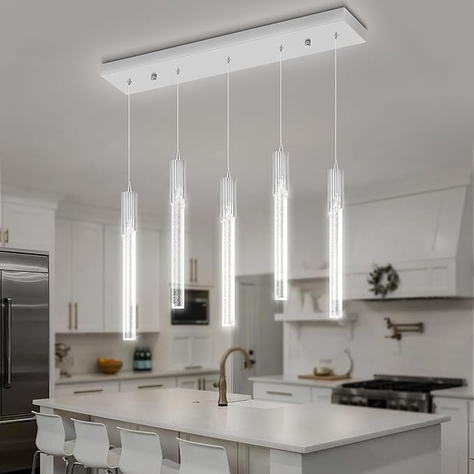 Flashing God 5-Lights Rectangular Pendant Lights for Kitchen Island Chrome Linear Crystal Chandelier Modern Chandeliers for Kitchen Island Dining Room