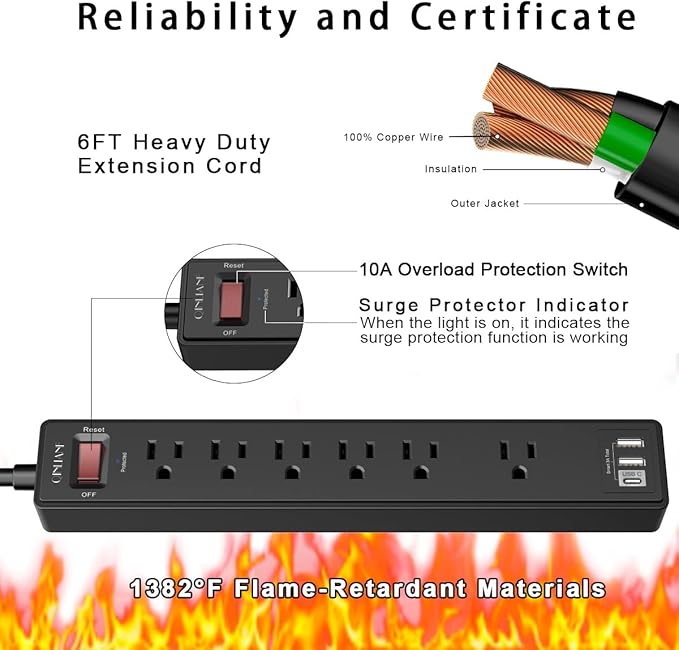 2 Pack Power Strip Surge Protector with 6 Feet, QINLIANF 6 AC Outlets and 3 USB Ports, 6Ft Extension Cord Flat Plug for Home, Office, Dorm Essentials, 1680 Joules, ETL Listed, Black