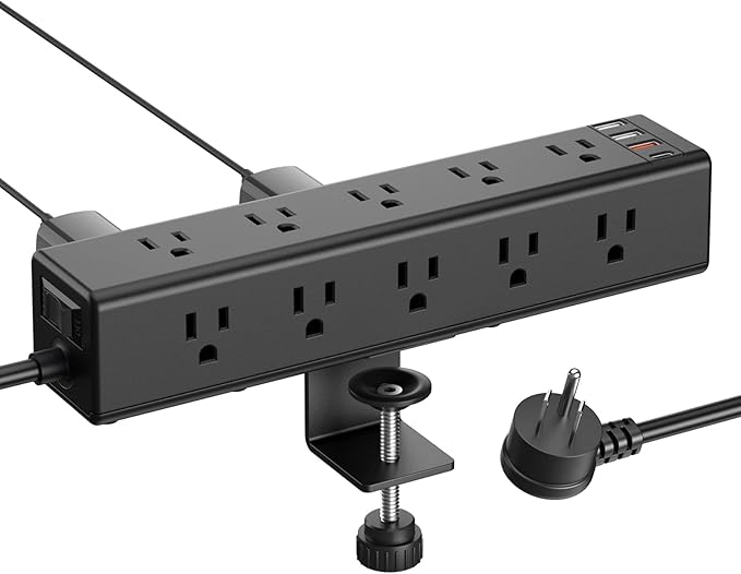 CCCEI Standing Desk Clamp Power Strip with 15 Outlets, Widely Spaced Desktop Edge Mount Surge Protector Outlet, Fast Charging USB-A and USB-C Ports, 4 FT Flat Plug, Black Fit 1.6 inch Table top.