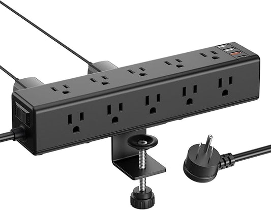 CCCEI Standing Desk Clamp Power Strip with 15 Outlets, Widely Spaced Desktop Edge Mount Surge Protector Outlet, Fast Charging USB-A and USB-C Ports, 15 FT Flat Plug, Black Fit 1.6 inch Table top.