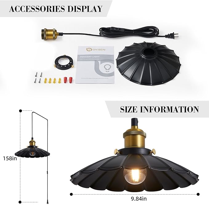 Plug in Hanging Light, Vintage Black 9.8 Inch Lampshade 14Ft Plug in Pendant Light for Dining Room and Living Room, Kitchen Island Retro On/Off Switch Hanging Lamp Fixtures 2Pack