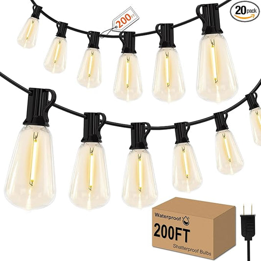 GHUSTAR 200FT LED Outdoor String Llights (NOT Solar) – Patio Lights Outdoor Waterproof for Outside – 2700K Vintage Edison Bulb String Light – Shatterproof Hanging Light for Cafe Porch Deck