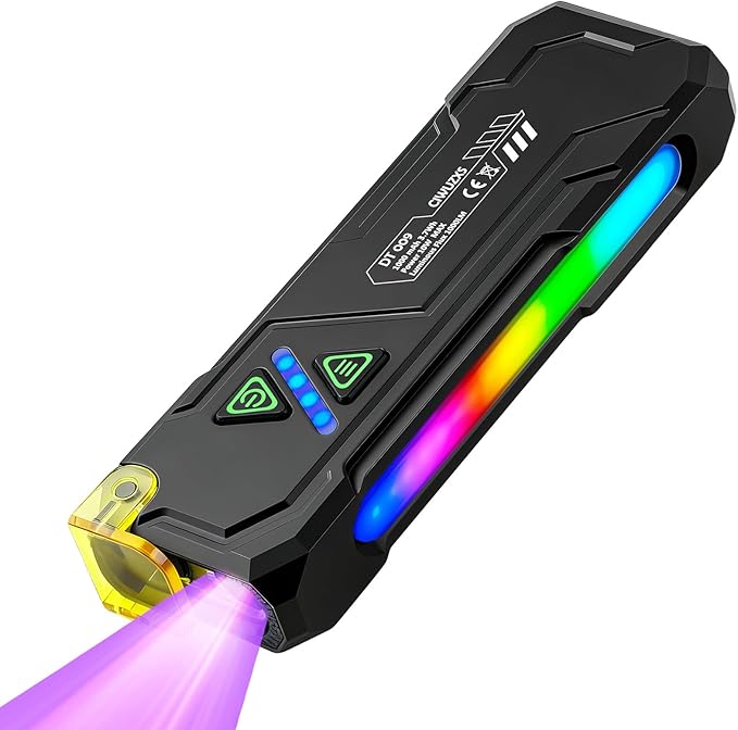 EDC Rechargeable Flat Flashlight 1000 Lumens White LED/UV/RGB Ambient Signaling Flashlights, Magnetic Clip on Pocket Light for Outdoors, Emergency, Working (1, Black, Compact)