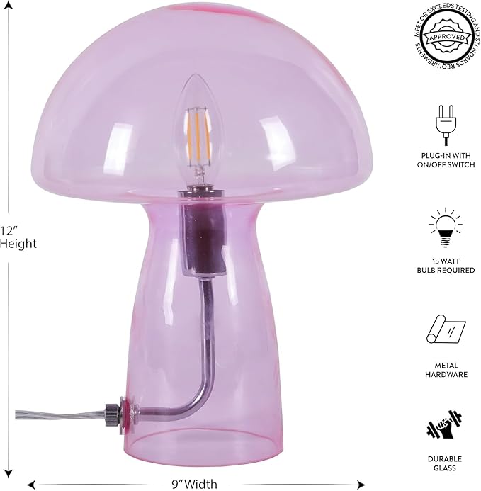 Urban Lifestyle Hot Pink Mushroom Lamp,12" Glass Novelty Table Light, Plug-in Retro Decor for Bedroom, Living Room, Dorm