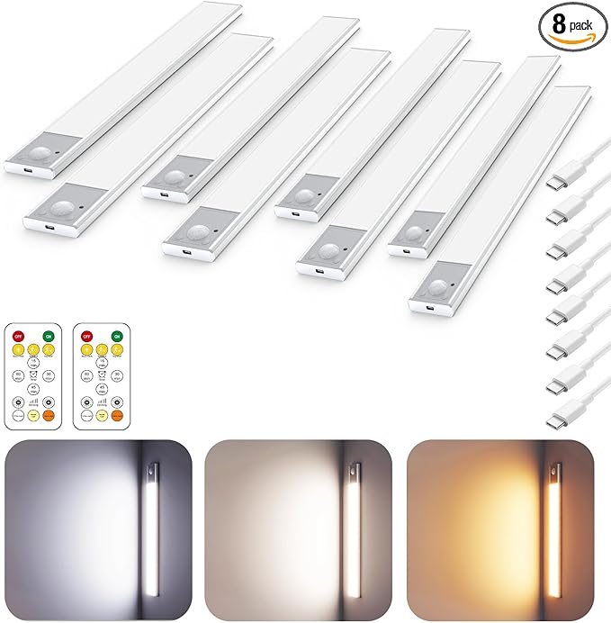 12" Ultra-Thin Under Cabinet Lighting Wireless, Aluminum Alloy Under Counter Lights for Kitchen, 3-Color-Temps Magnetic Closet Lights, Rechargeable Motion Sensor Light Indoor (8 Pack, Silver)