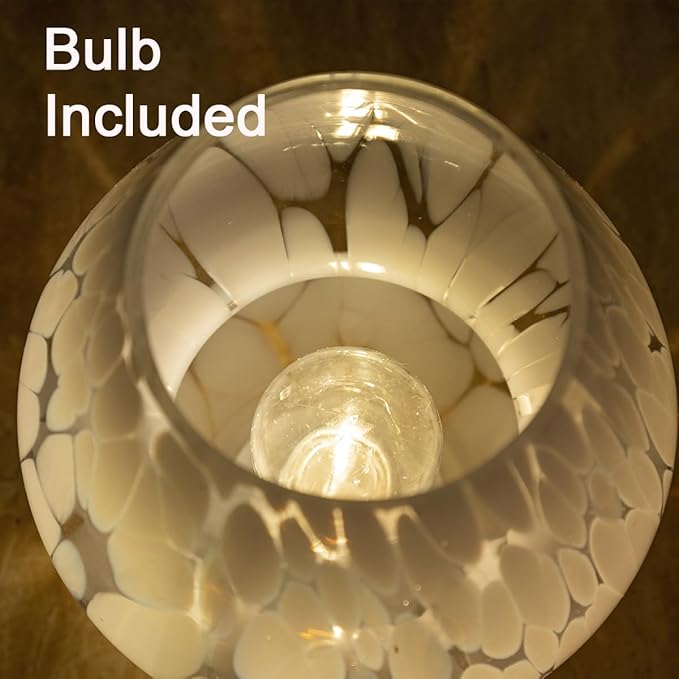 Battery Operated Mushroom Lamp Cordless Lamp,Cute Glasss Mushroom Table Lamp Aesthetic,for Livingroom,Dining Room,Indoor Outdoor Murano Style,Buld Included (White with Dot)
