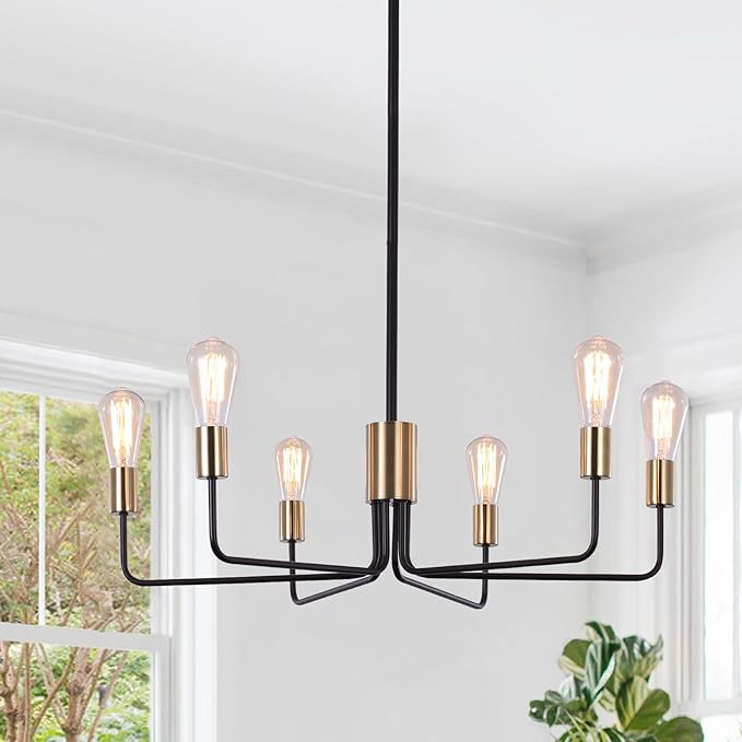 ETONIMERR Black Gold Chandelier Light Fixture 6-Light, Modern Chandelier for Dining Room Light Fixture Industrial Pendant Light for Kitchen Island Living Room Bedroom Foyer