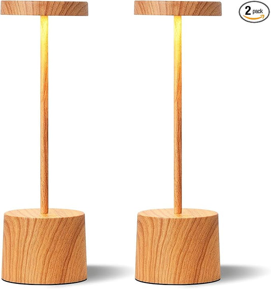 Kakanuo Wooden Rechargeable Cordless Lamp - Touch Control, 3 Color Temperature, LED Outdoor Wireless Lamp, Battery Operated Lamps, Stepless Dimmable, Set of 2