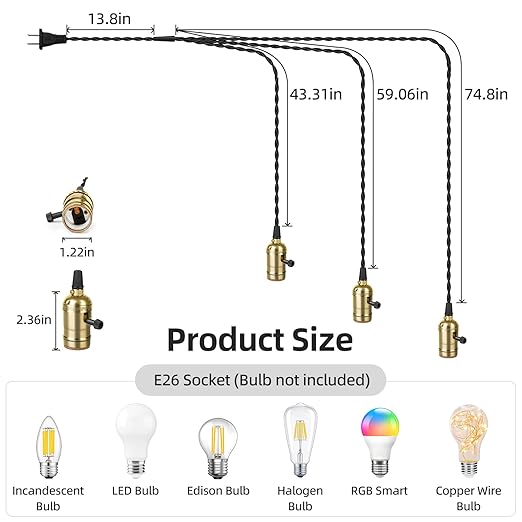 Vintage Plug-in Pendant Light Kit with 1-to-3 Hanging E26/E27 Sockets, Industrial Hanging Light with Individual Rotary Switches, Easy DIY Lighting for Living Room, Patio and Plant Corners, Gold
