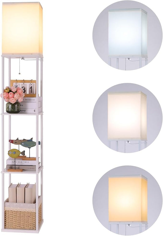Floor Lamp with Shelves, Modern Square Standing Lamp with 3 Color Temperature Bulb, Corner Display Bookshelf Lamp for Living Room, Bedroom and Office（White）
