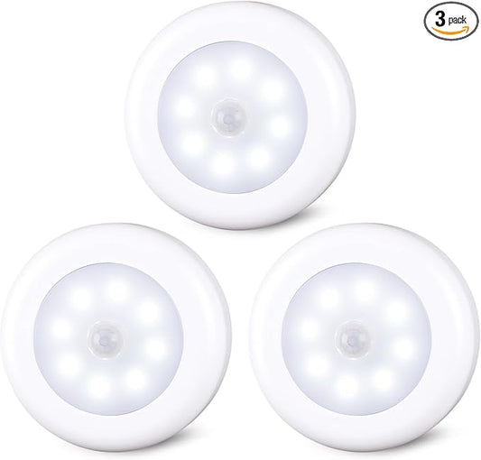 STAR-SPANGLED 3 Pack 3.1” Motion Sensor Lights Indoor AA Battery Operated, Stick on LED Puck Light for Closet, Stairs, Under Cabinet, Kitchen, Cool White