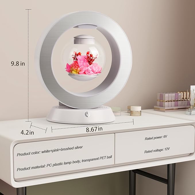 LoveLin Magnetic Levitation Circle Table Lamp with Bluetooth Speaker,5W Led Night Light,Three Variable Color,Automatic Rotating Preserved Flowers Creative Gifts Home Office Ornament Rotundity Layout