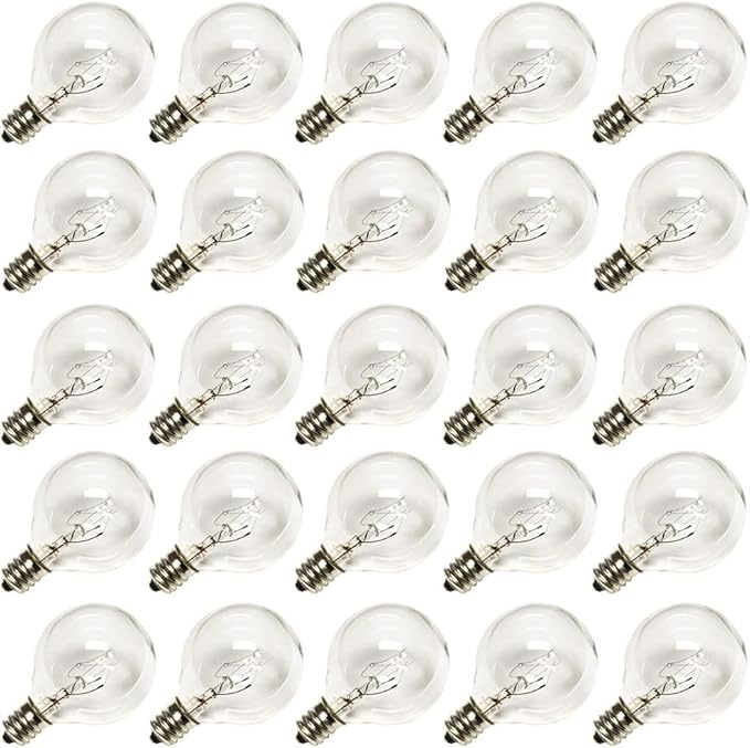 G40 Replacement Light Bulbs, 5W Globe Bulbs fits E12/C7 Candelabra Screw Base, 1.5 Inch Clear Small Light Bulbs for Indoor Outdoor String Light Decor, Pack of 25