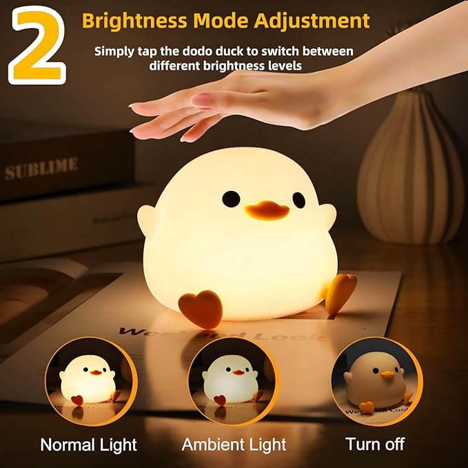Dodo Duck Night Light, 50Hrs Duck Lamp Squishy, Tap Control 2 Brightness, 20Min Auto-Off, Rechargeable Animal Night Light for Kids Bedroom, [Easter Gifts]