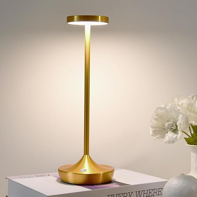 Rechargeable Table Lamp Cordless - 6000mAh Battery Operated LED Table Light - Portable Touch Dimmable Outdoor Waterproof Table Lamps for Patio Restaurant Dining (Gold)