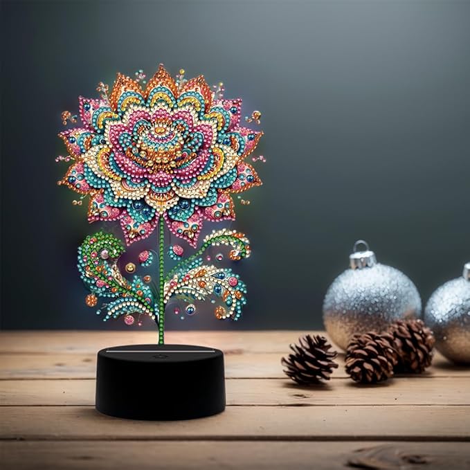 Gorgeous Flowers Diamond Art Painting Night Light,Diamond Art Painting Kits Desktop Touch Lamp Ornaments for Tabletop Decor Diamond Art Accessories for Adult Beginner Bedrooms Living Room