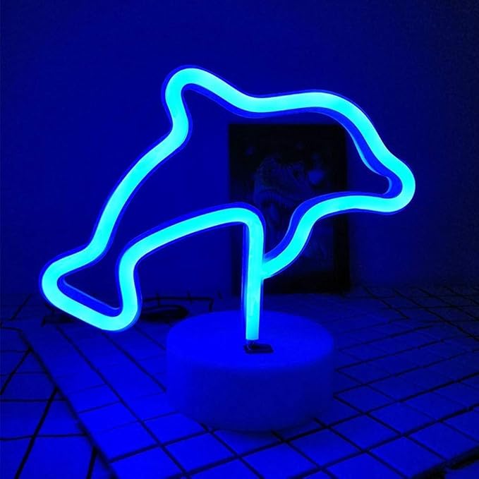 Blue Dolphins Shaped LED Neon Night Signs USB & Battery Powered Neon Light with Base LED Light Signs Light up Birthday Party Kids Room Christmas