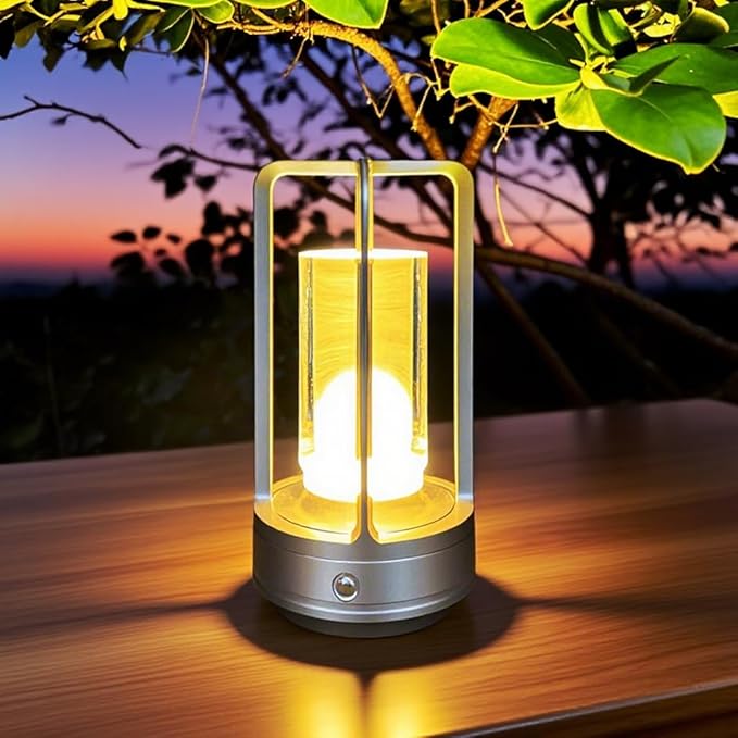 Portable Metal Table Lamp, 4000 mAh Rechargeable Outdoor Table Lights, 3 Color Stepless Dimmable Cordless Table lamp for Patio, Camping, Coffee Samll Desk Lamp for Indoor/Outdoor (Silver)