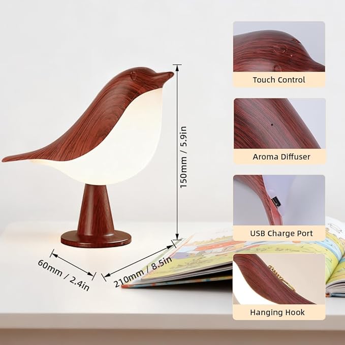 Bird Cordless Table Lamp, Small Cordless Bedside Lamp with 3 Color Temperature, Touch Sensor & Rechargeable Battery - Night Light for Kids, Bedroom, Bedside, Office, and Outdoor Use（Dark）