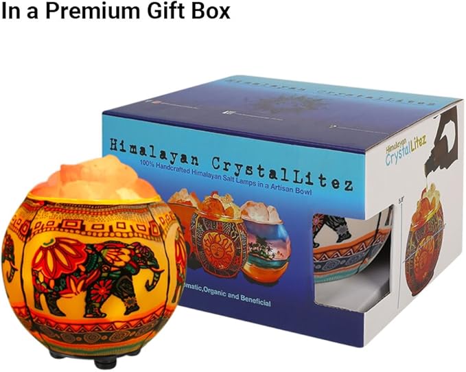 Himalayan CrystalLitez Himalayan Salt Lamp with UL Listed Dimmer Cord, Original Salt Crystals in A Handcrafted Artisan Bowl, Aromatherapy Salt Lamp (Ethnic Elephant)