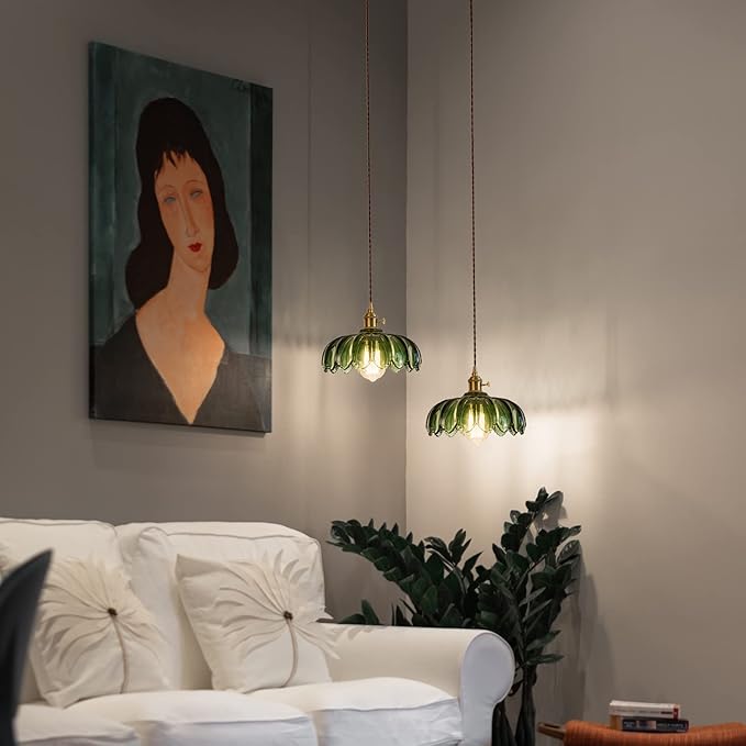 Plug in Pendant Light Fixtures: Hanging Light Plug in Green Glass Hanging Lamp, Pendant Lighting for Kitchen Island, Bedroom, Dining Room, Living Room, E26 No Bulb