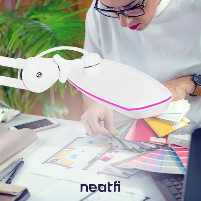 Neatfi XL LED Desk Lamp with Clamp – 2,200 Lumens, 23” Wide, Dimmable Task Light for Office, Study, Crafting & Nail Techs (Non-CCT with Clamp, White with Pink Ring)