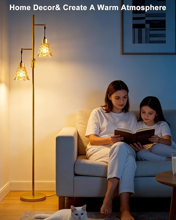 2-Light Glass Floor Lamp, Gold Tall Standing Lamps Dimmable with Brown Glass Lampshade, 3000K Warmwhite Mid Century Modern Floor Lamp for Living Room/Bedroom/Sofa Beside/Home Decor
