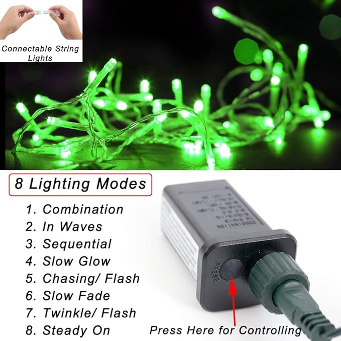 Green String Lights Outdoor Decoration, 66 ft 200 LED Green St. Patrick's Day Lights, Indoor Connectable 8 Modes Clear Wire Twinkle Fairy Light for Party St. Patrick's Day Decoration