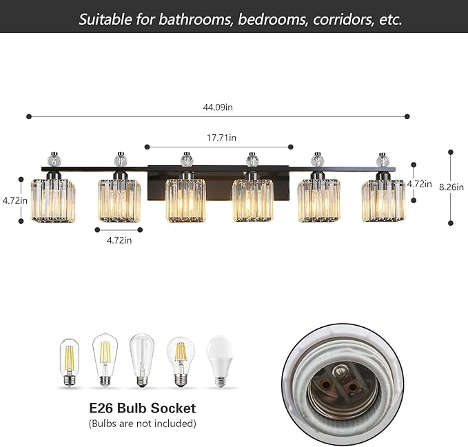 Vanity Lights 6-Light Modern Crystal Vanity Light Plating Black Bathroom Light Fixtures Over Mirror Crystal Bathroom Vanity Lighting Fixtures