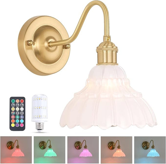 Battery Operated Wall Sconce, Vintage Rechargeable Wall Lights with White Lily Glass Shade, Wireless Indoor Wall Lamp for Bedroom Living Room Bathroom Hallway