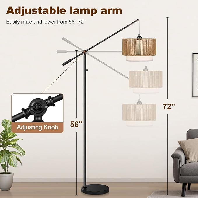 【Upgraded】Dimmable Boho Floor Lamp for Living Room, Modern Swing Arm Floor Lamp with Rattan & Fabric Shades, Black Rattan Standing Lamp with 11W Bulb, Farmhouse Adjustable Tall Lamp for Bedroom Office