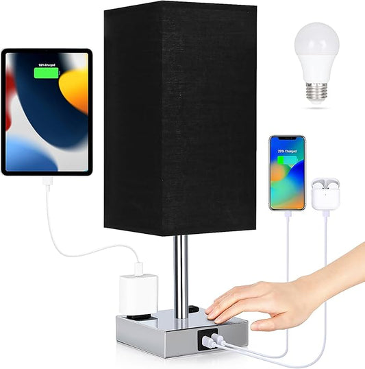 Soilsiu Bedside Lamp with USB Ports - Touch Control Table Lamp for Bedroom with USB C+A Charging Ports & AC Outlets, 3 Way Dimmable Nightstand Light for Living Room (Bulb Included, Black)