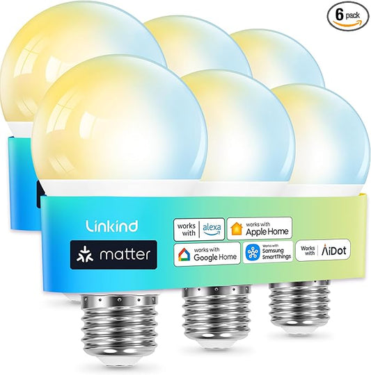 Linkind Matter Smart Light Bulb, Tunable Soft White to Daylight, Works with Alexa/Apple Home/Google Home, 2.4GHz Wi-Fi, 800LM 60W Equivalent, A19 E26 6-Pack