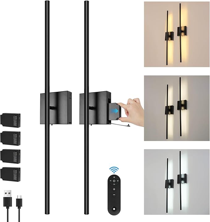 Removable 10000mAh Battery Operated 2 Pack Wall Sconces Lamps Remote Control & 4 Pack Batteries 31.5’‘ Rechargeable Dimmable Black LED Wireless 13.6W Wall Lights for Living Room Bedroom Picture Foyer