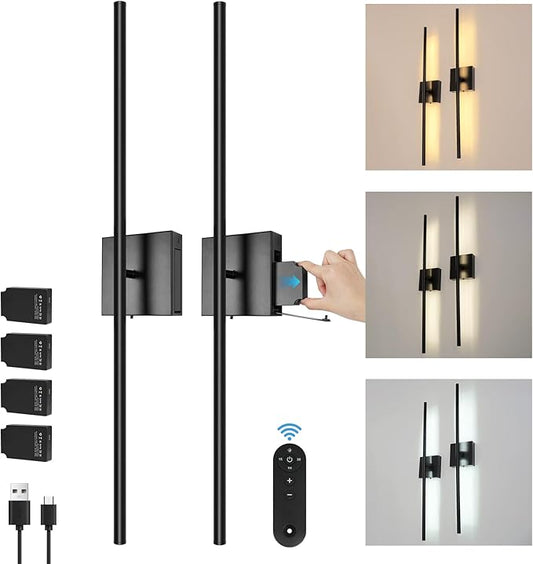 Removable 10000mAh Battery Operated 2 Pack Wall Sconces Lamps Remote Control & 4 Pack Batteries 31.5’‘ Rechargeable Dimmable Black LED Wireless 13.6W Wall Lights for Living Room Bedroom Picture Foyer
