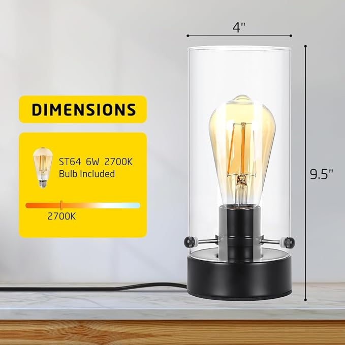 Touch Table Lamp for Bedroom, Modern Glass Lamp Bedside Table Lamps for Night Stands with 2700K 6W Glass Bulb,Small Night Light Lamps for Living Room Kids Office Desk Decor Black