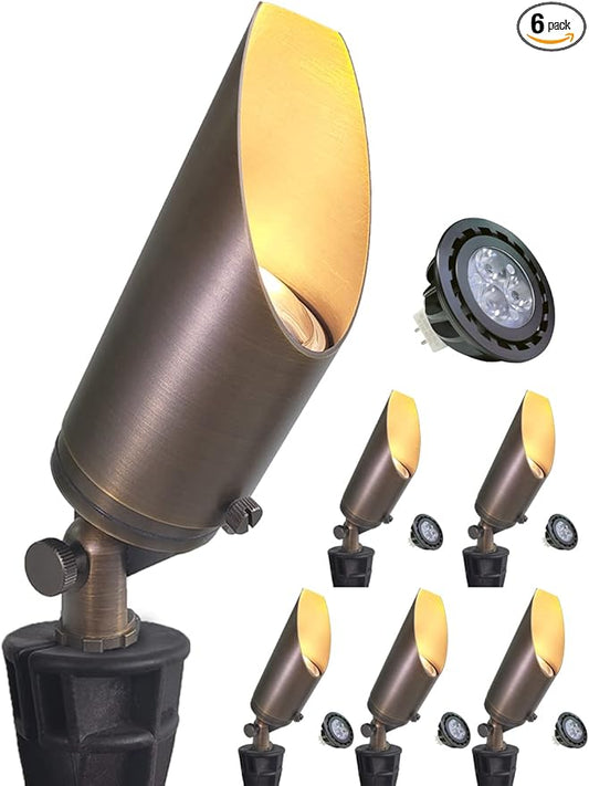 MALORY Brass Landscape Spotlight 6-Pack with 5W LED MR16 Bulb Kit(S03), 12V AC/DC Low Voltage Outdoor Landscape Lighting Shroud Adjustable,Ground Stake and Wire Connector Included,2700K Warm White