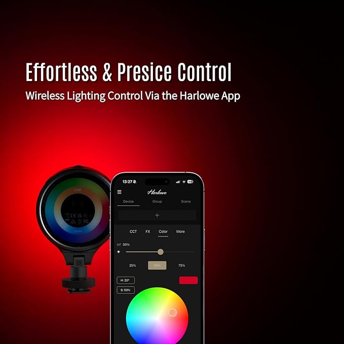 Harlowe Sol 5 Spectra On Camera Light Kit Portable Cold Shoe Mount RGBCW Camera Light 1700K-10000K CRI/TLCI 96+ 36000 Colors RGB Video Light with Touchpad and Magnetic Mount System