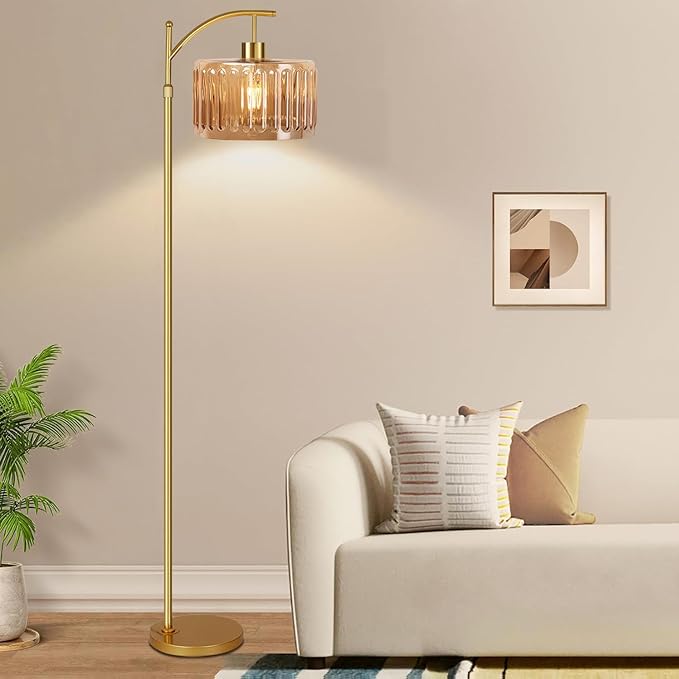 Floor Lamp for Living Room,Bedroom,Gold Dimmable Standing Lamp with Remote,Mid Century Modern Brass Tall Lamp Retro Vintage Glass Lamp Floor Light Boho Bohemian
