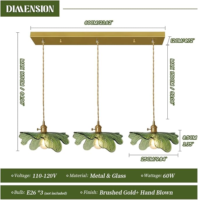 Glass Pendant Lights Kitchen Island Vintage Chandelier Modern Pendant Lighting 3-Light Hand Blown Gold Mid Century Modern Pendant lamp with Green Glass Shade for Dining Room Bedroom