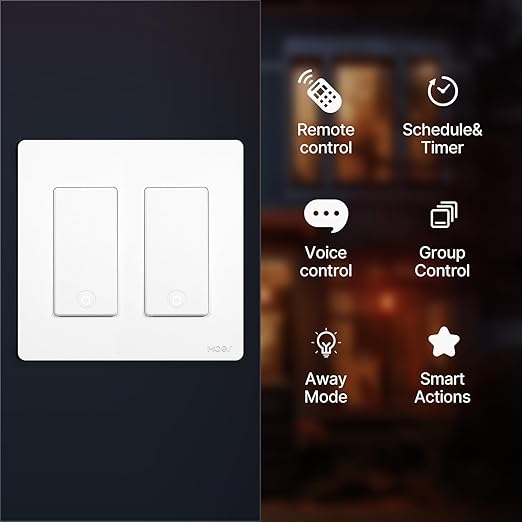 MOES Smart Single Pole Light Switch, 2.4GHz WiFi Smart Wall Switch, Needs Neutral Wire, Multi-Control, Smart Life/TUYA APP Control, Voice Control with Alexa/Google Home, White 2 Gang