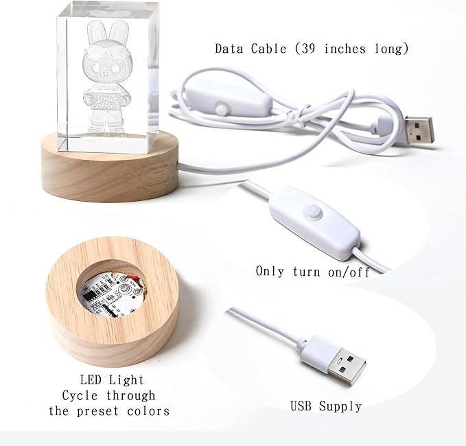 Crystal Ball Night Light, 3D Easter Bunny Crystal Ball Decor, Laser Engraved Glass Sphere with Wooden Base, USB LED Night Light for Bedroom Desk