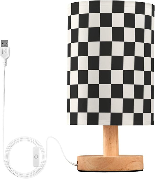 Black and White Checkered Bedside Table Lamps with USB Port for Bedroom Lamp Accent Table Lamp Small Nightstand Lamp Sturdy Linen Shade Wooden Base Decorative Lamps for Kids|Reading|Dorm|Home