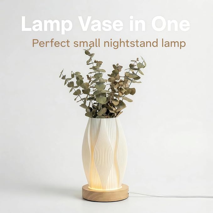 3D Printed Mini Lamp, Small Bedside Lamp with 3-Color Dimmable LED, Small Nightstand Lamp for Tight Spaces, Beautiful Lamp with Wooden Base - Helix