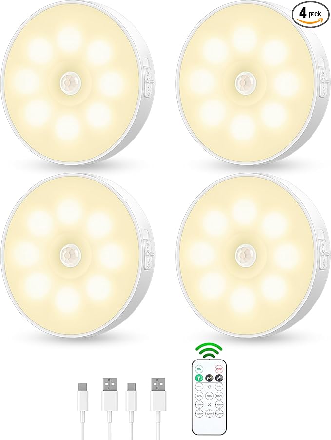 Motion Sensor Puck Light with Remote, Wireless Dimmable Under Cabinet Lighting, Rechargeable Magnetic Closet Night Light, 4-Pack, Neutral White