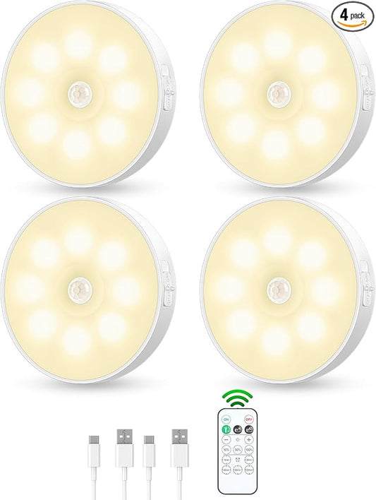 Motion Sensor Puck Light with Remote, Wireless Dimmable Under Cabinet Lighting, Rechargeable Magnetic Closet Night Light, 4-Pack, Neutral White