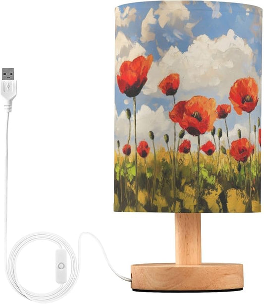 Fustylead Oil Painting Poppy Flowers Bedside Table Lamps with USB Port for Bedroom Lamp Accent Table Lamp Small Nightstand Lamp Sturdy Linen Shade Wooden Decorative Lamps for Office Dorm Home