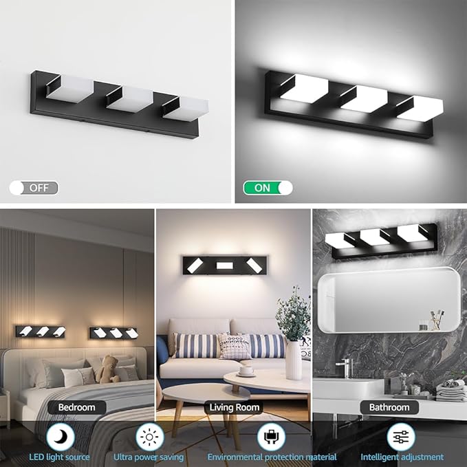 Aipsun 5 Color Temperature 3 Lights Black Vanity Lights Dimmable Acrylic Modern LED Black Bathroom Vanity Lighting Fixtures